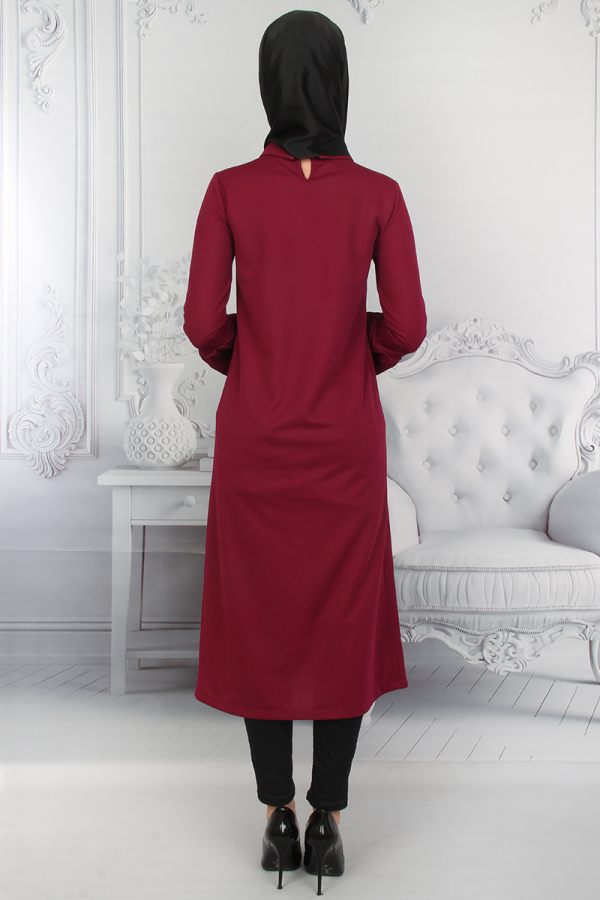 Kolları Volanlı Nakış İşlemeli Tunik Bordo-ZRD1181