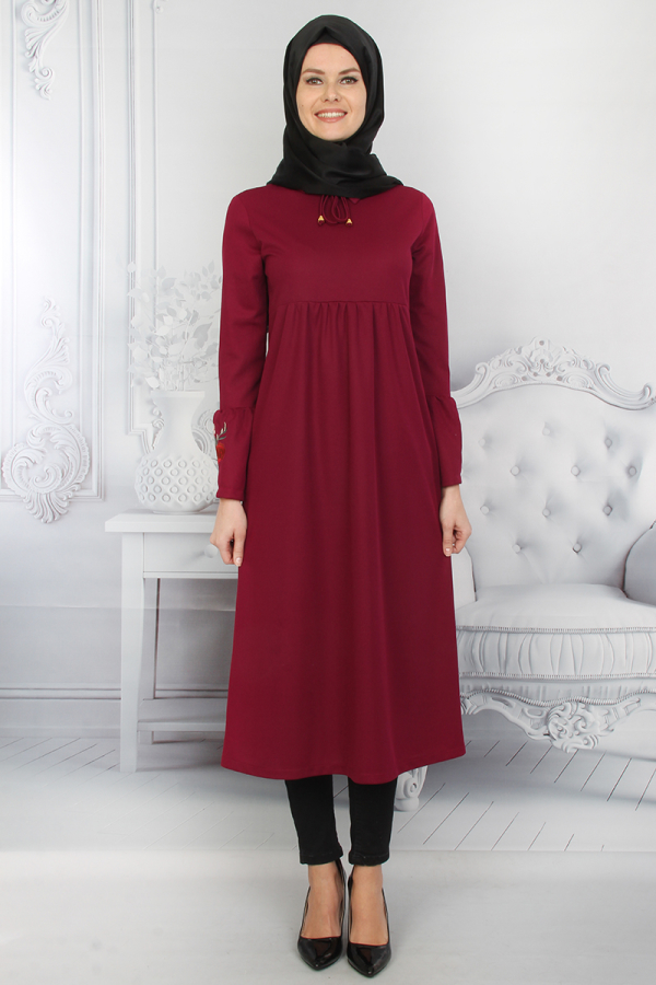 Kolları Volanlı Nakış İşlemeli Tunik Bordo-ZRD1181