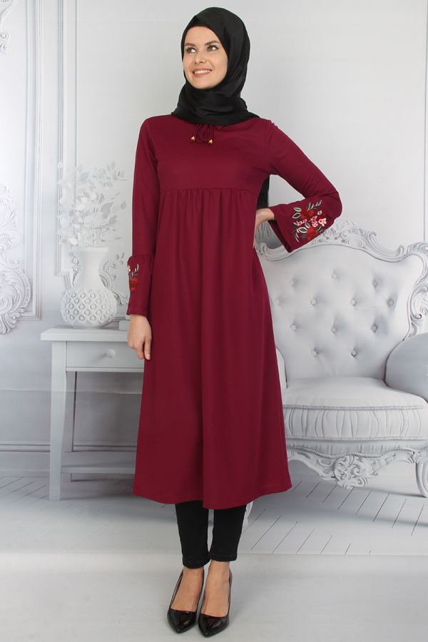 Kolları Volanlı Nakış İşlemeli Tunik Bordo-ZRD1181