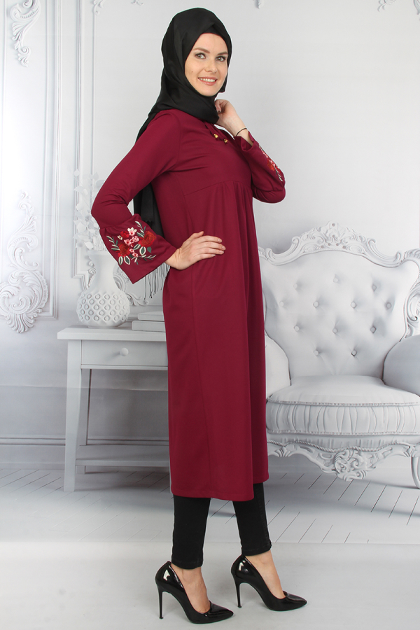 Kolları Volanlı Nakış İşlemeli Tunik Bordo-ZRD1181