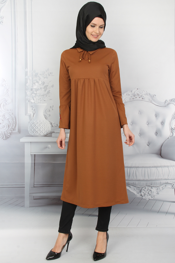 Kolları Volanlı Nakış İşlemeli Tunik Hardal Sarısı-ZRD1181