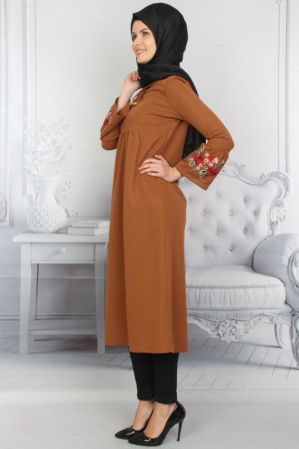 Kolları Volanlı Nakış İşlemeli Tunik Hardal Sarısı-ZRD1181