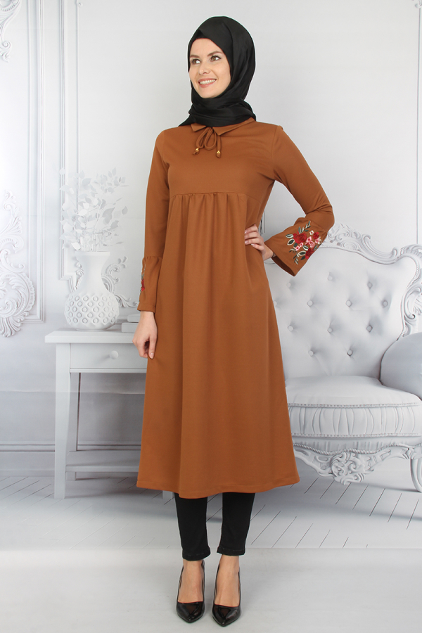 Kolları Volanlı Nakış İşlemeli Tunik Hardal Sarısı-ZRD1181