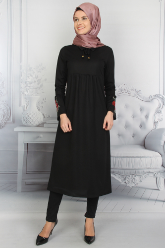 Kolları Volanlı Nakış İşlemeli Tunik Siyah-ZRD1181 - 2