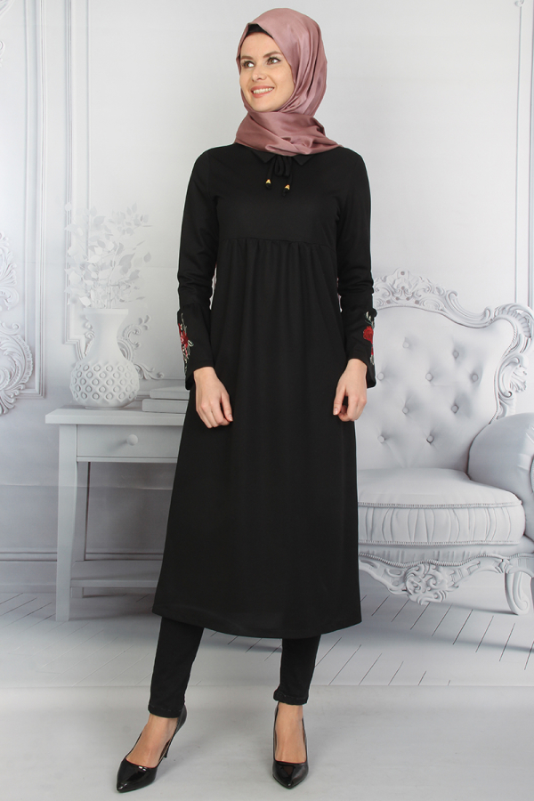 Kolları Volanlı Nakış İşlemeli Tunik Siyah-ZRD1181 - 2