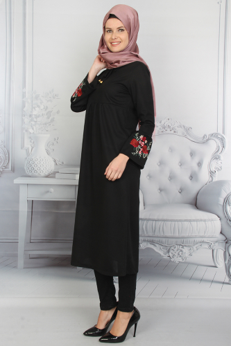 Kolları Volanlı Nakış İşlemeli Tunik Siyah-ZRD1181 - 3