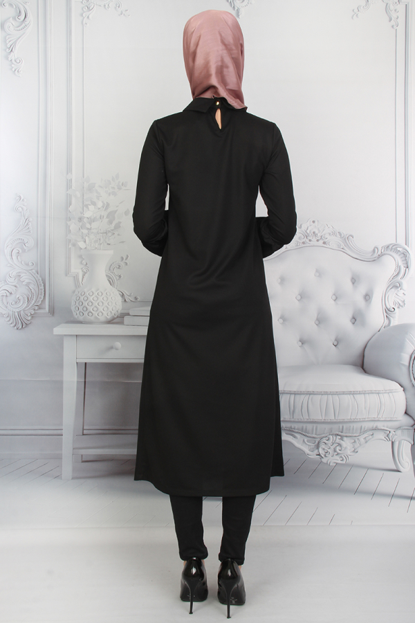 Kolları Volanlı Nakış İşlemeli Tunik Siyah-ZRD1181 - 4