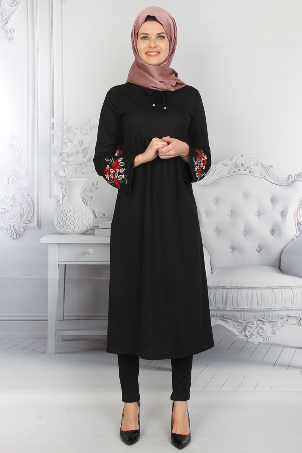 Kolları Volanlı Nakış İşlemeli Tunik Siyah-ZRD1181 - 1