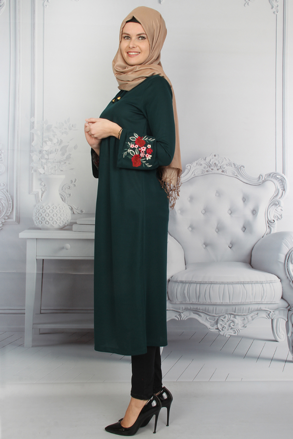 Kolları Volanlı Nakış İşlemeli Tunik Yeşil-ZRD1181