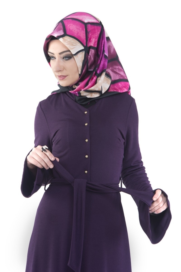 Kolları Volanlı Önden Düğmeli Elbise Koyu Mor-3290