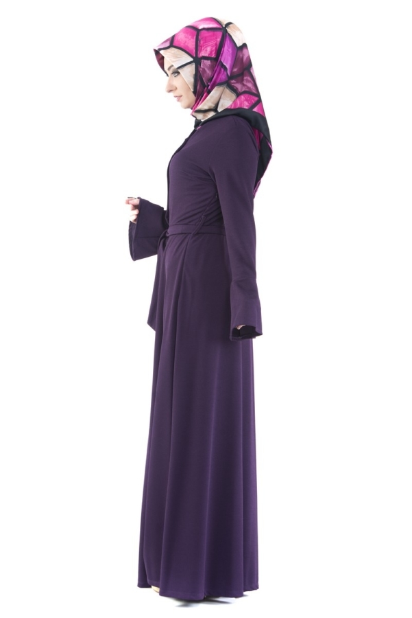 Kolları Volanlı Önden Düğmeli Elbise Koyu Mor-3290