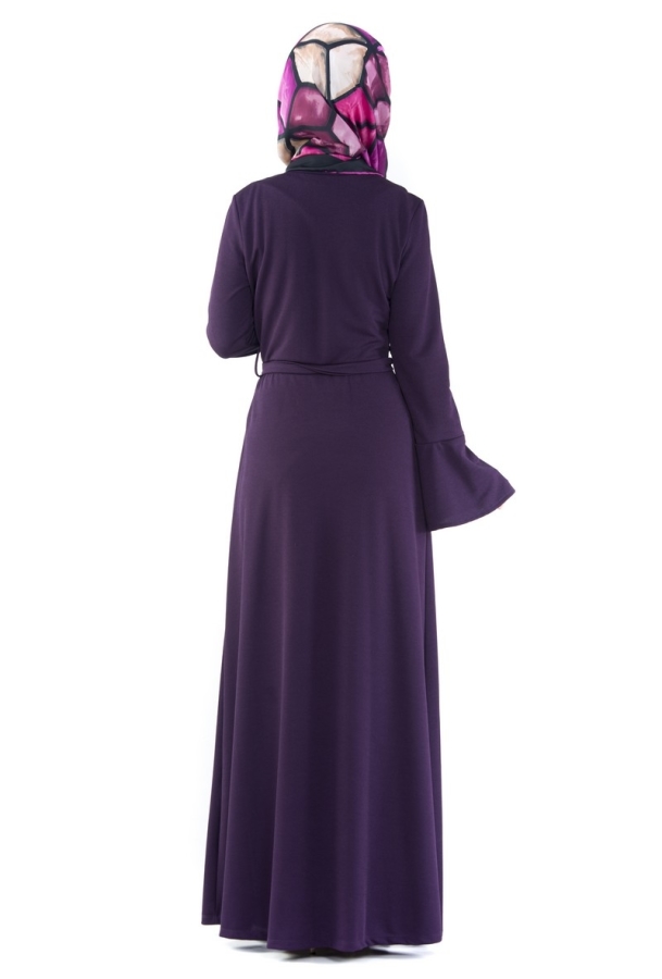 Kolları Volanlı Önden Düğmeli Elbise Koyu Mor-3290