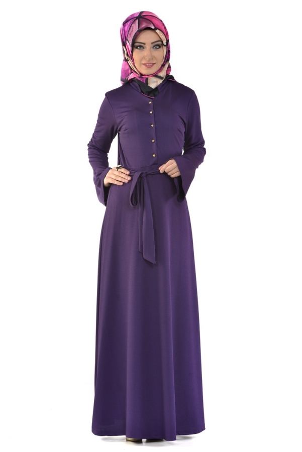 Kolları Volanlı Önden Düğmeli Elbise Açık Mor-3290
