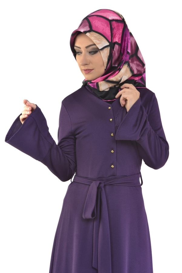 Kolları Volanlı Önden Düğmeli Elbise Açık Mor-3290
