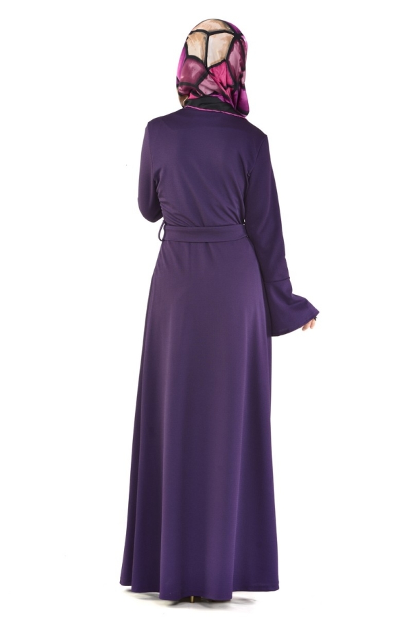 Kolları Volanlı Önden Düğmeli Elbise Açık Mor-3290