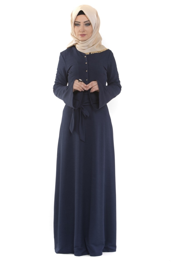 Kolları Volanlı Önden Düğmeli Elbise Lacivert-3290