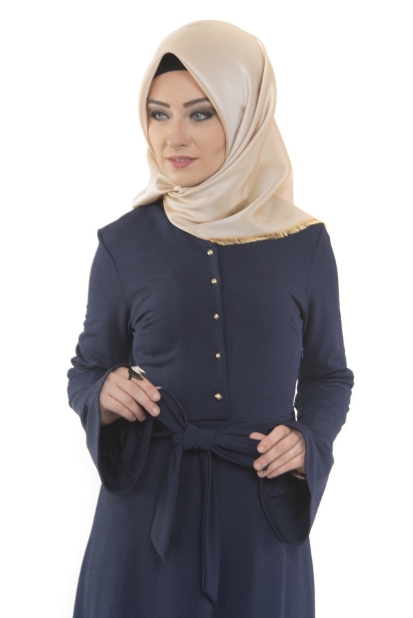 Kolları Volanlı Önden Düğmeli Elbise Lacivert-3290