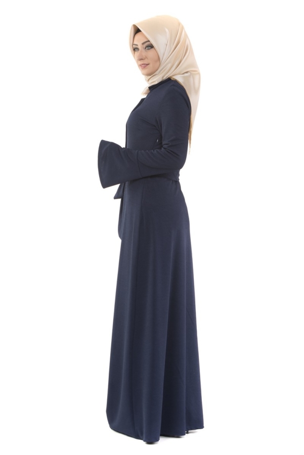 Kolları Volanlı Önden Düğmeli Elbise Lacivert-3290