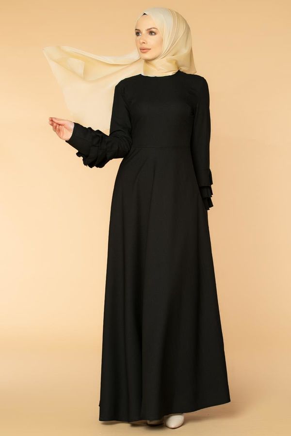 Kolu Kat Kat Detay Tesettür Elbise- 3010 Siyah