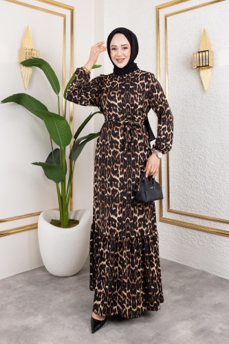 Modaebva - Kolu Lastikli Bürümcük Elbise-2045 Leopar (1)