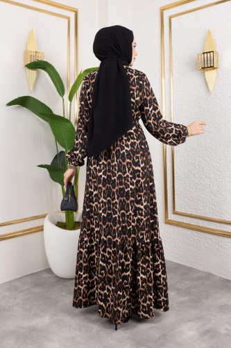 Kolu Lastikli Bürümcük Elbise-2045 Leopar - Thumbnail