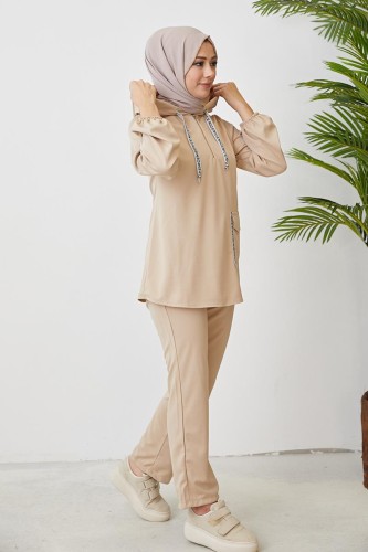 Kolu Lastikli Cep Detaylı Takım-3076 Bej - 2