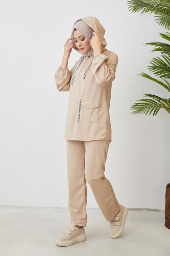 Kolu Lastikli Cep Detaylı Takım-3076 Bej - 3