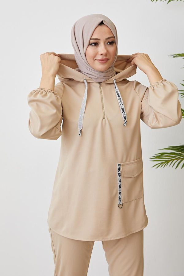 Kolu Lastikli Cep Detaylı Takım-3076 Bej - 4