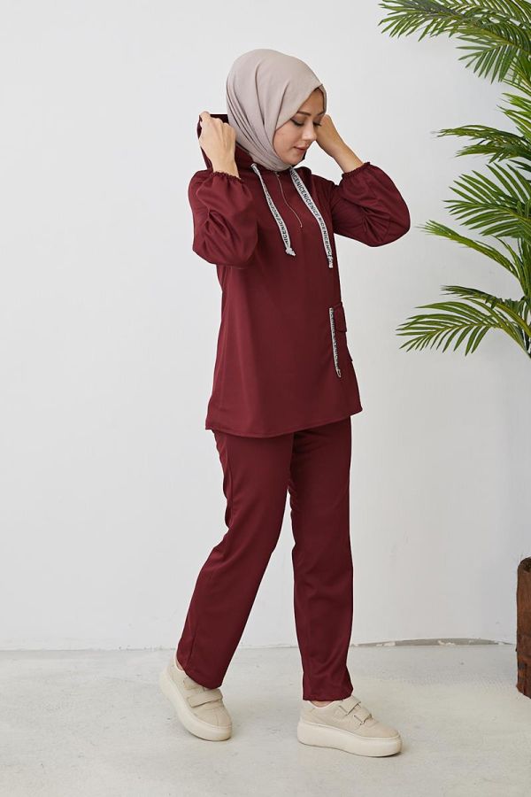 Kolu Lastikli Cep Detaylı Takım-3076 Bordo