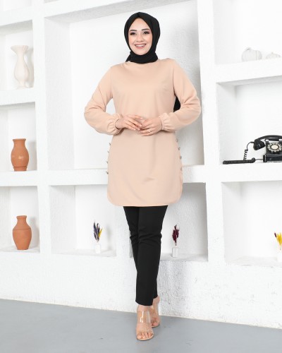 Modaebva - Kolu Lastikli Düğme Detaylı Tesettür Tunik-3095 AçıkTaba (1)
