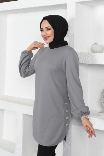 Modaebva - Kolu Lastikli Düğme Detaylı Tesettür Tunik-3095 Gri (1)
