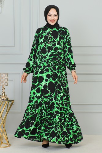 DM LİFE - Kolu Lastikli Düğmeli Tesettür Elbise-3176 Yeşil Siyah
