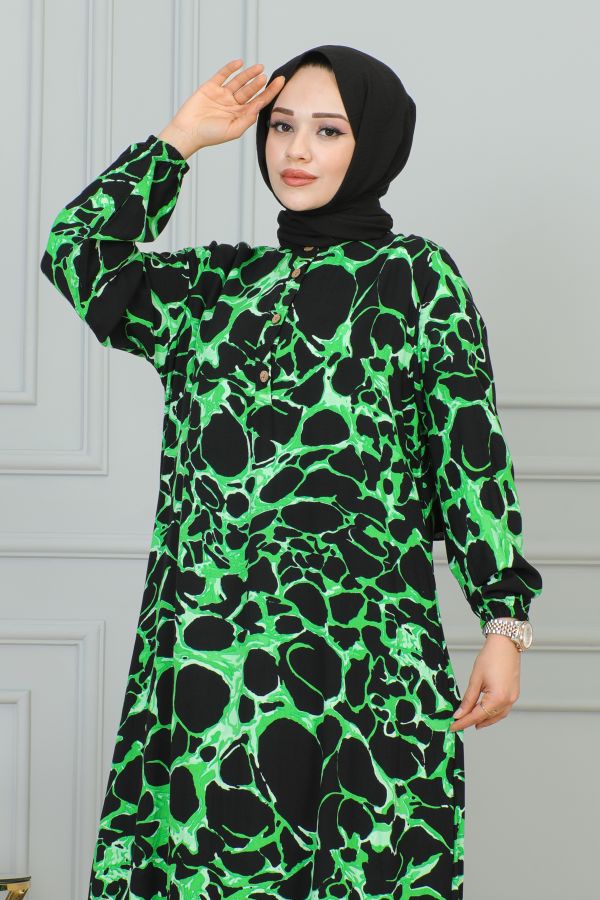 Kolu Lastikli Düğmeli Tesettür Elbise-3176 Yeşil Siyah