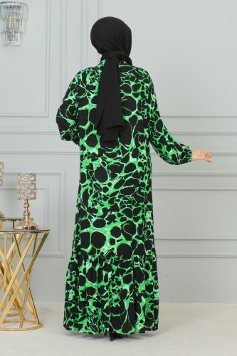 Kolu Lastikli Düğmeli Tesettür Elbise-3176 Yeşil Siyah - Thumbnail