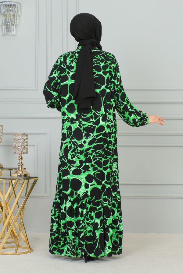Kolu Lastikli Düğmeli Tesettür Elbise-3176 Yeşil Siyah