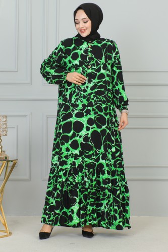 Kolu Lastikli Düğmeli Tesettür Elbise-3176 Yeşil Siyah - Thumbnail