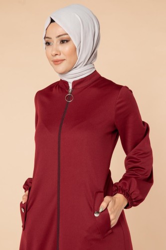 Modaebva - Kolu Lastikli Fermuarlı Ferace-3053 Bordo (1)