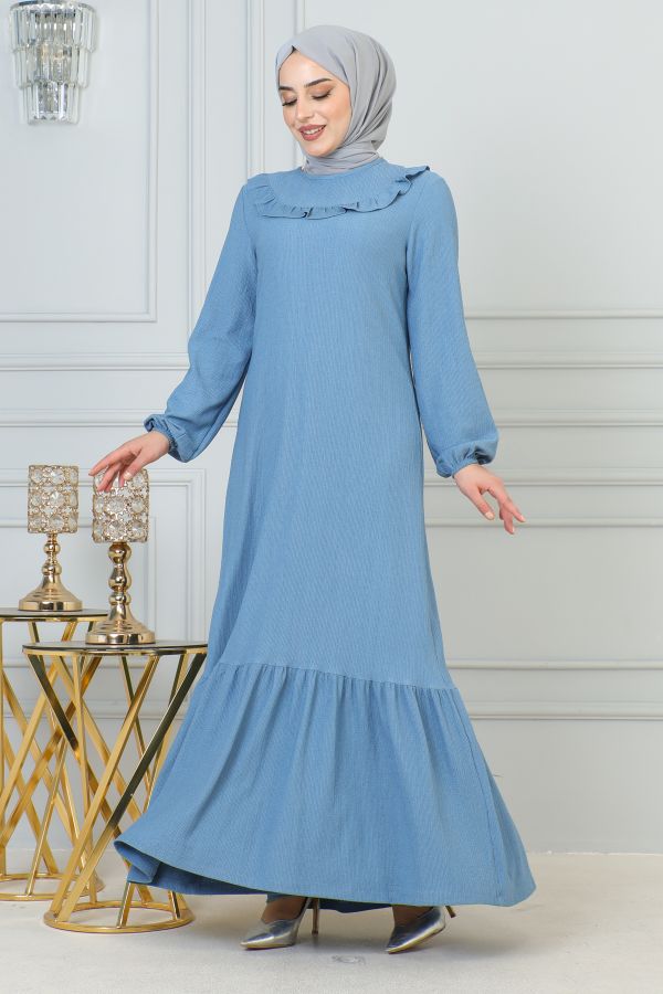 Kolu Lastikli Fırfır Detay Tesettür elbise-3161 Açık mavi