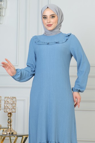 Modaebva - Kolu Lastikli Fırfır Detay Tesettür elbise-3161 Açık mavi (1)