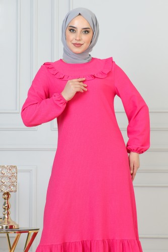 Modaebva - Kolu Lastikli Fırfır Detay Tesettür elbise-3161 Fuşya (1)