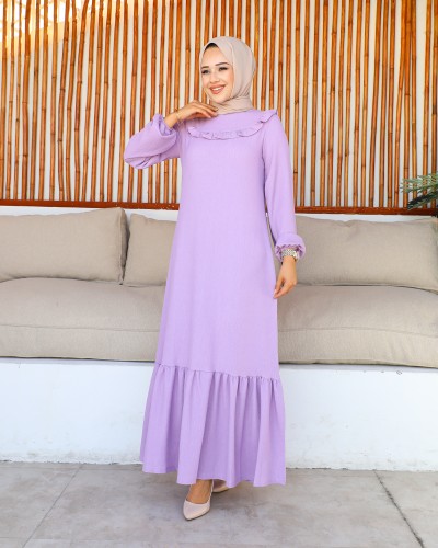Modaebva - Kolu Lastikli Fırfır Detay Tesettür elbise-3161 Lila