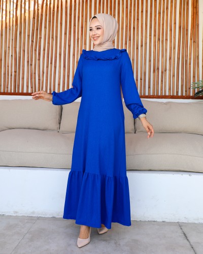 Modaebva - Kolu Lastikli Fırfır Detay Tesettür elbise-3161 Saks mavisi