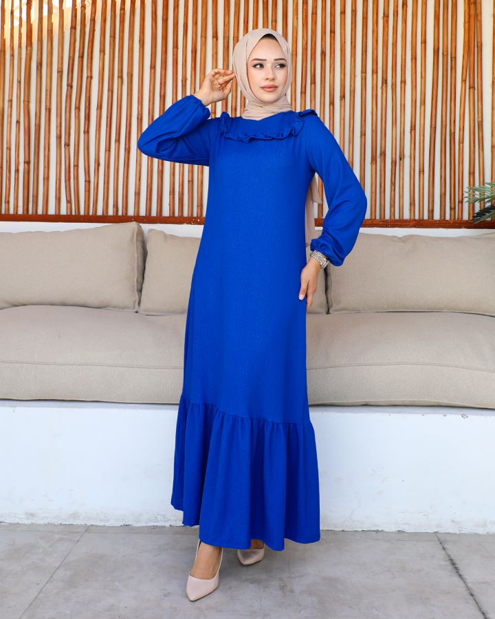Kolu Lastikli Fırfır Detay Tesettür elbise-3161 Saks mavisi