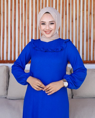 Modaebva - Kolu Lastikli Fırfır Detay Tesettür elbise-3161 Saks mavisi (1)