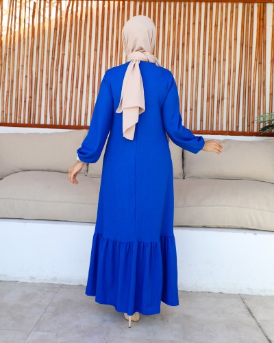 Kolu Lastikli Fırfır Detay Tesettür elbise-3161 Saks mavisi - Thumbnail