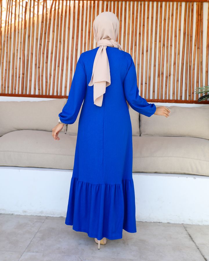 Kolu Lastikli Fırfır Detay Tesettür elbise-3161 Saks mavisi