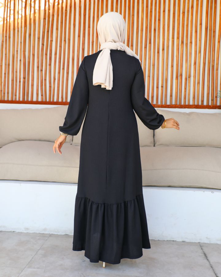 Kolu Lastikli Fırfır Detay Tesettür elbise-3161 Siyah