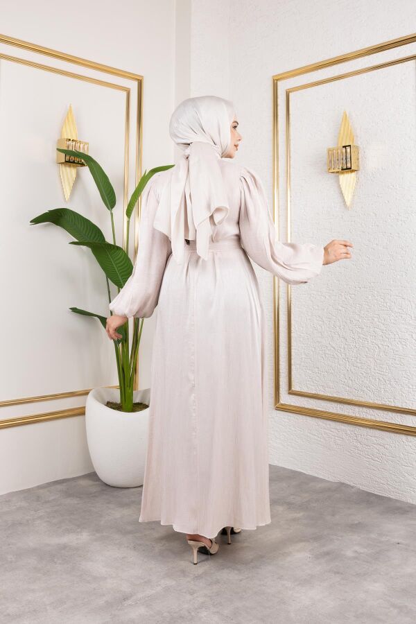 Kolu Lastikli Kuşaklı Elbise-4833 Bej - 6