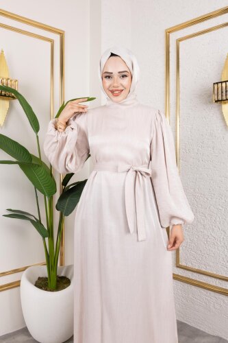 Kolu Lastikli Kuşaklı Elbise-4833 Bej - Modaebva (1)