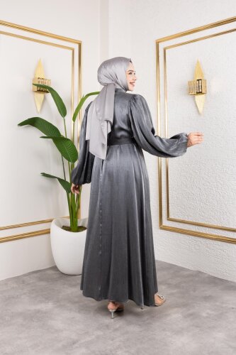 Kolu Lastikli Kuşaklı Elbise--4833 Siyah - 6